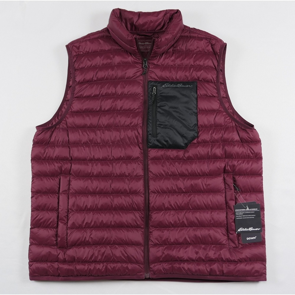 NEW Eddie Bauer‎ Stratustherm Down Vest Mens XL Dark Berry Red Puffer 650 Fill